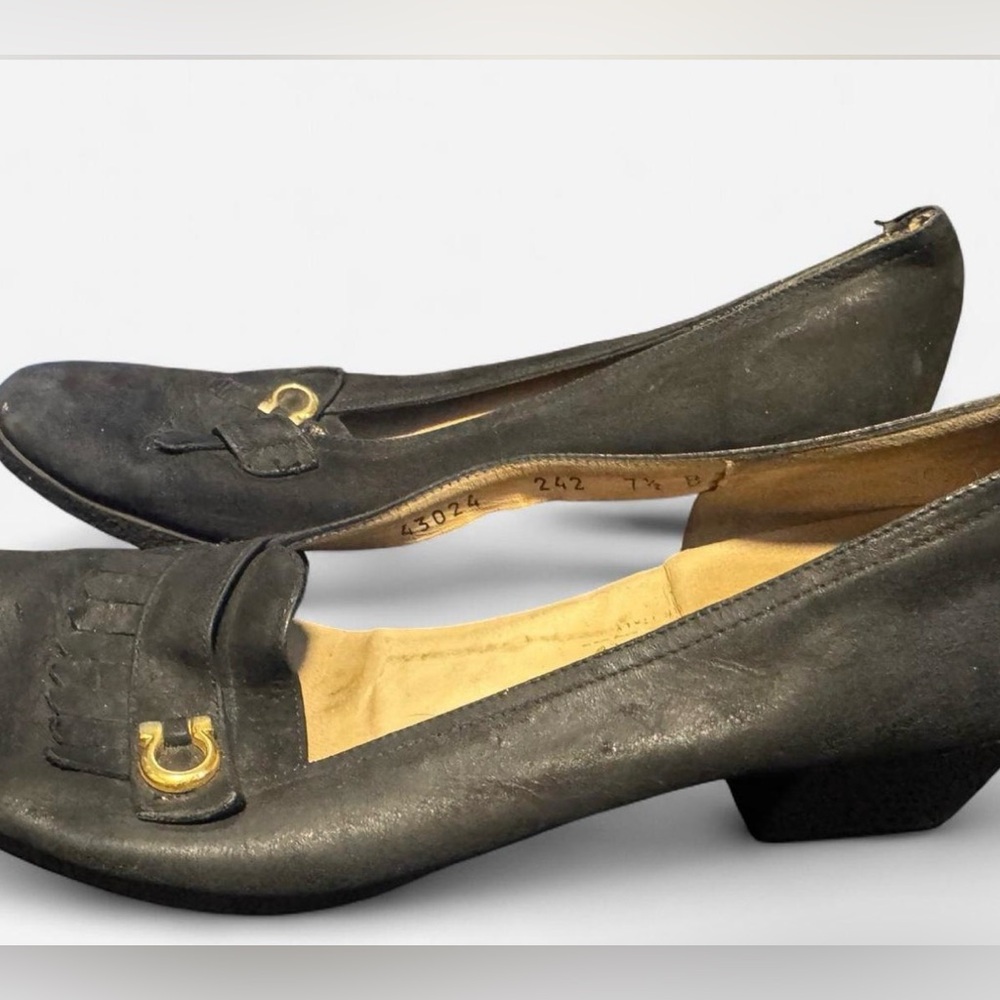 Vintage Salvatore Ferragamo Suede Wedge Loafers Black- Gancio Hardware